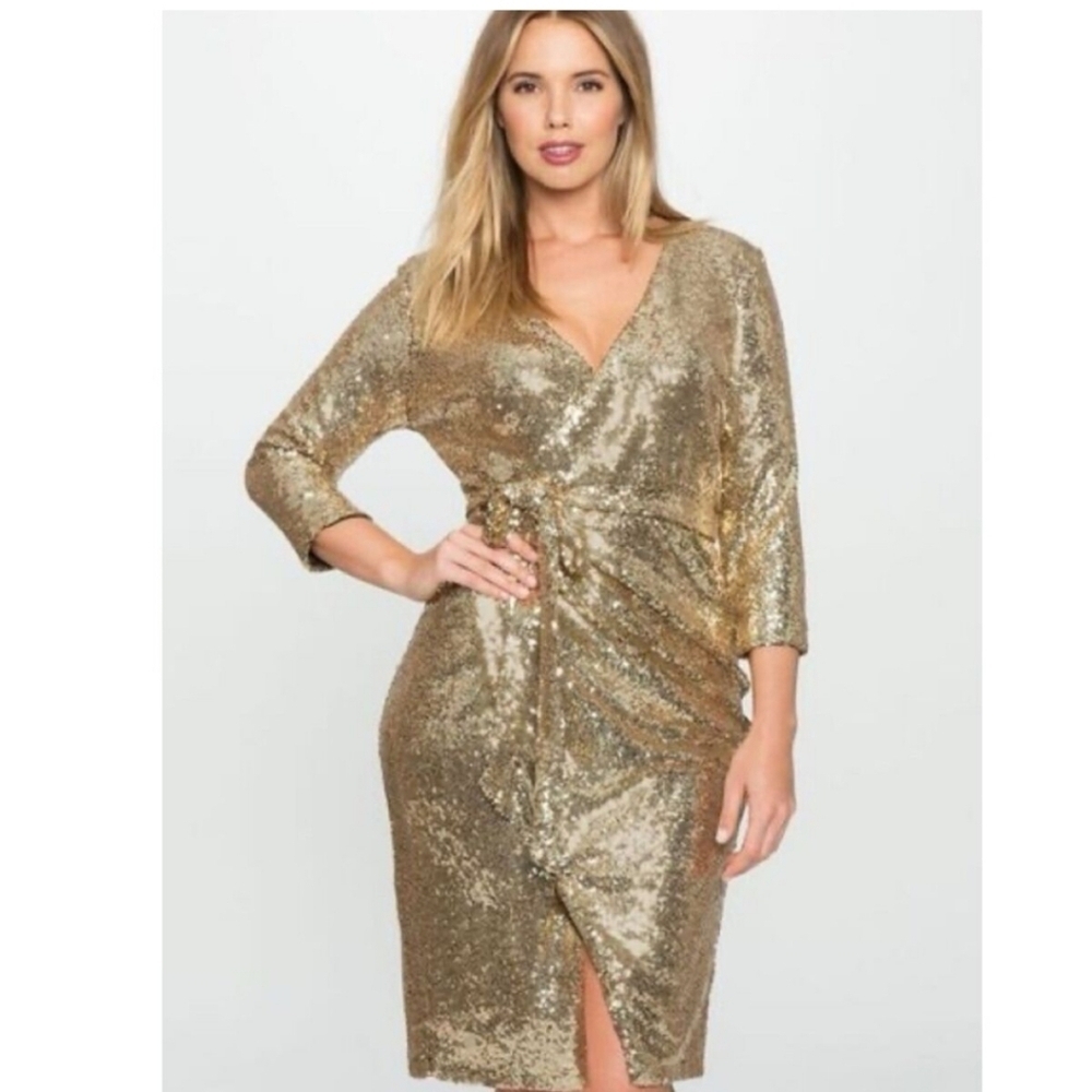 Eloquii Gold Sequin Wrap Midi Dress